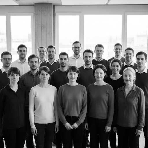 Ein Büroteam von rund zwanzig Menschen steht zusammen. Sinnbild für den gemeinsamen KI-Arbeitsplatz.